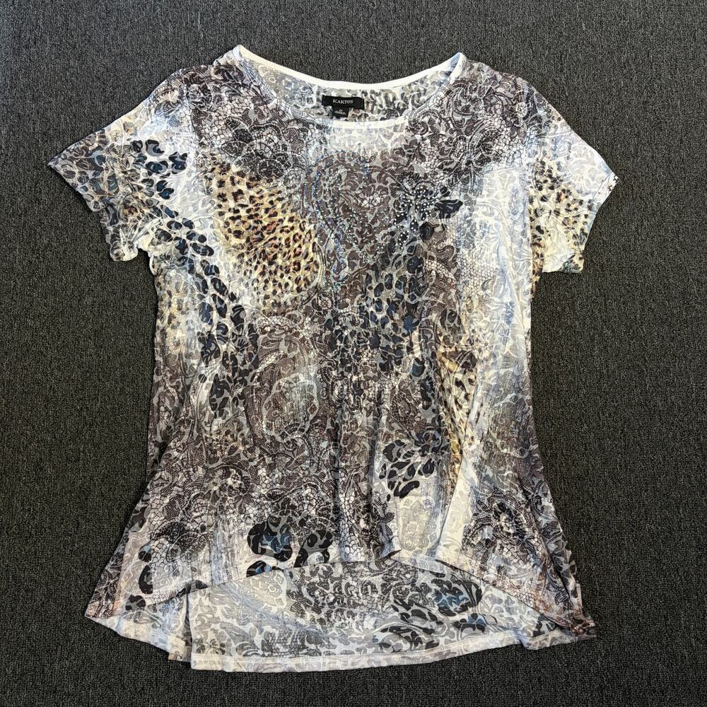 Vintage Y2k Mcbling Leopard Rhinestone White Sheer Women's Top XL